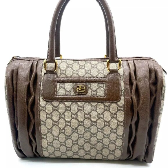 Authentic Gucci GG PLUS PVC Leather Beige/Brown Mini Boston Handbag SK091149 - Picture 1 of 16